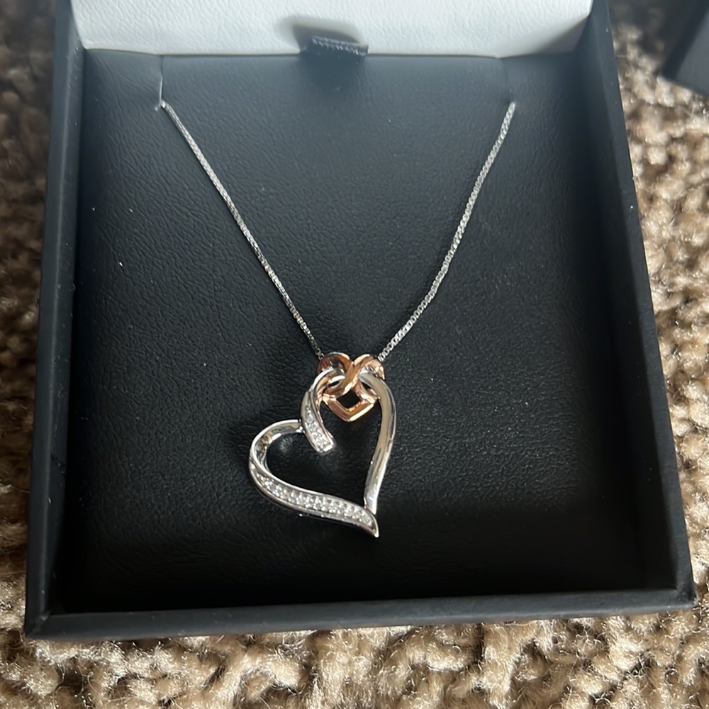 Diamond Interlocking Infinity Tilted Heart Pendant Sterling Silver&10K Rose Gold